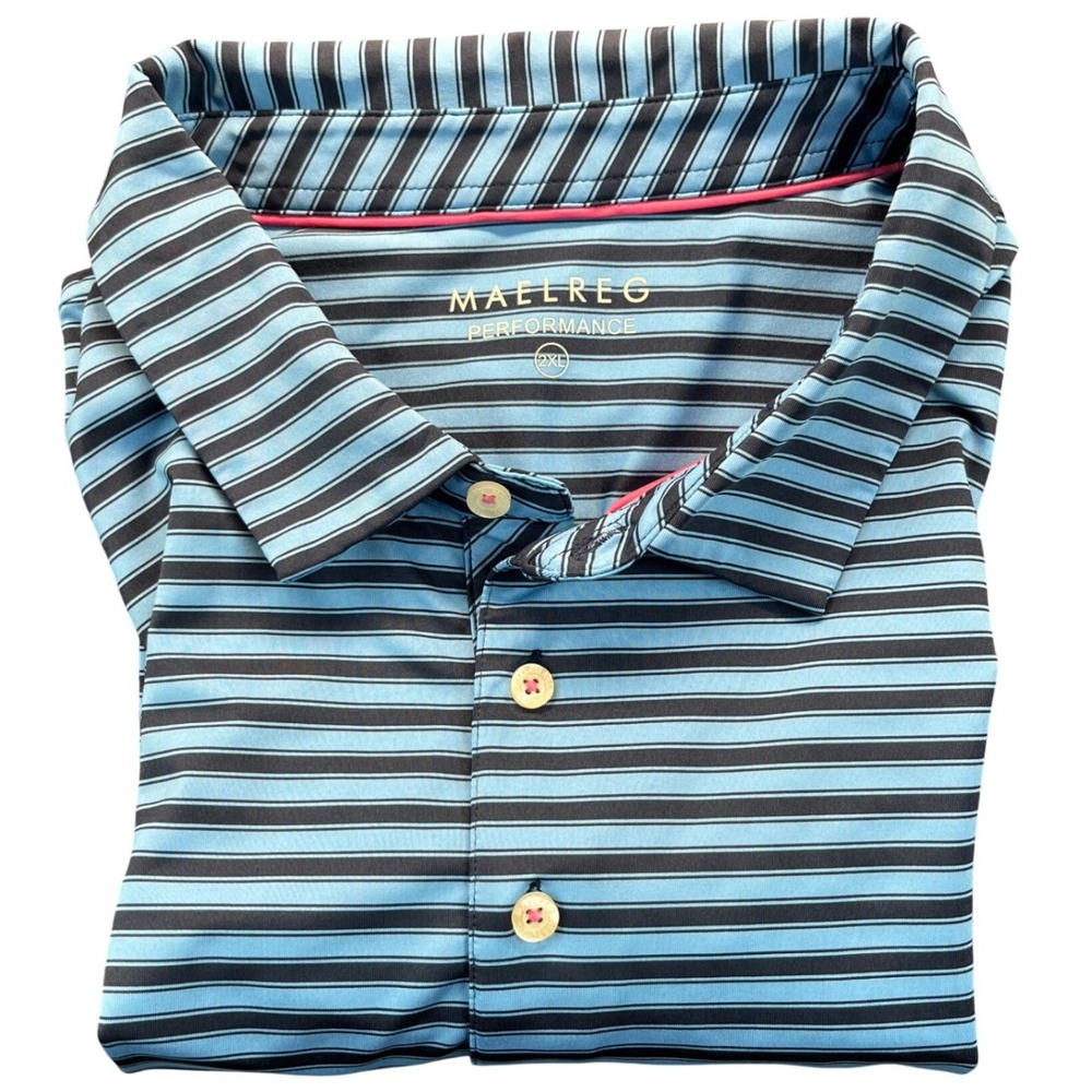 Maelreg Performance Mens 2XL Blue Striped Short Sleeve Golf Polo Shirt Pink Trim